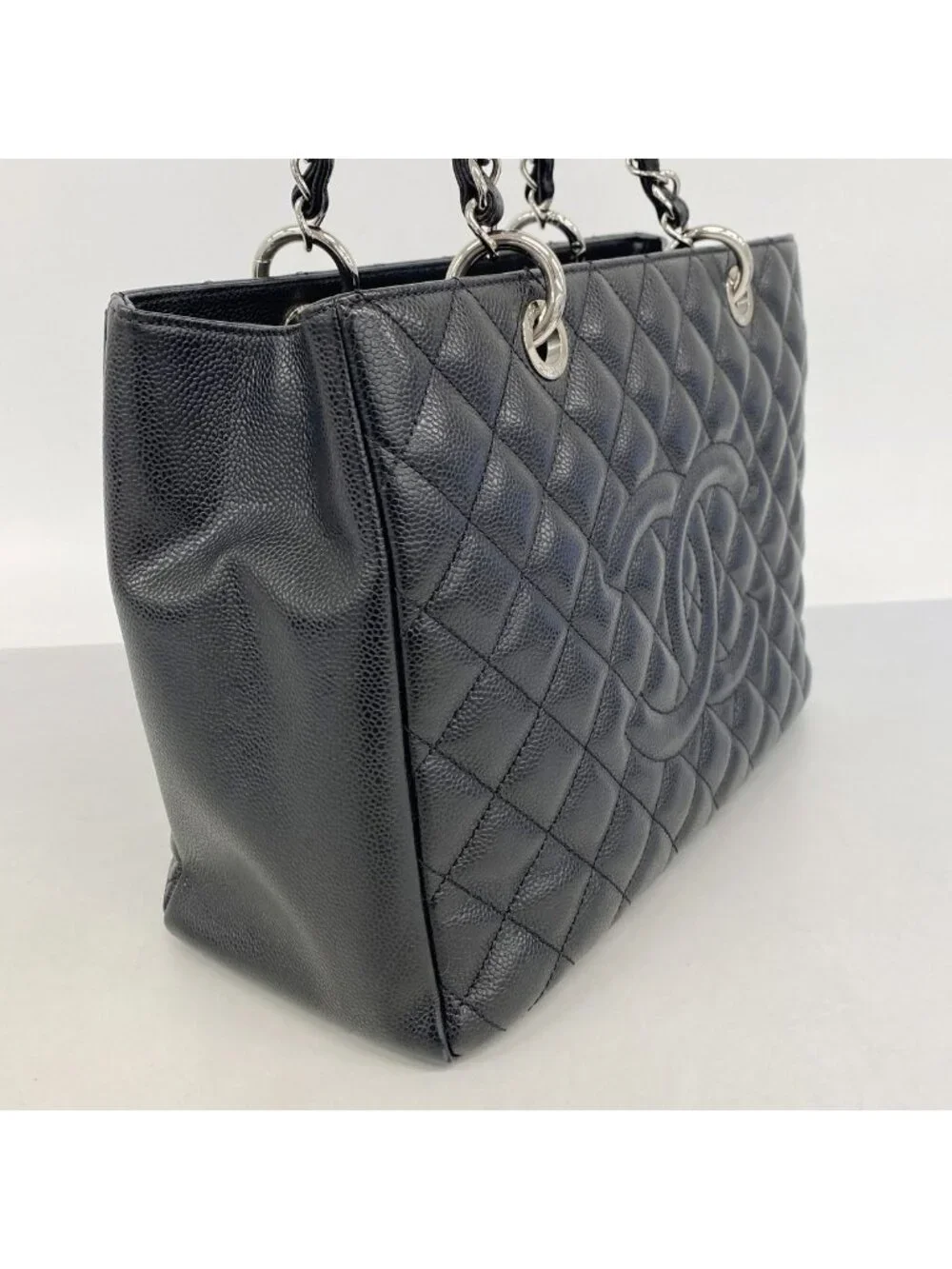 Chanel Chain Tote Bag Quilted Caviar Leather Black Silver